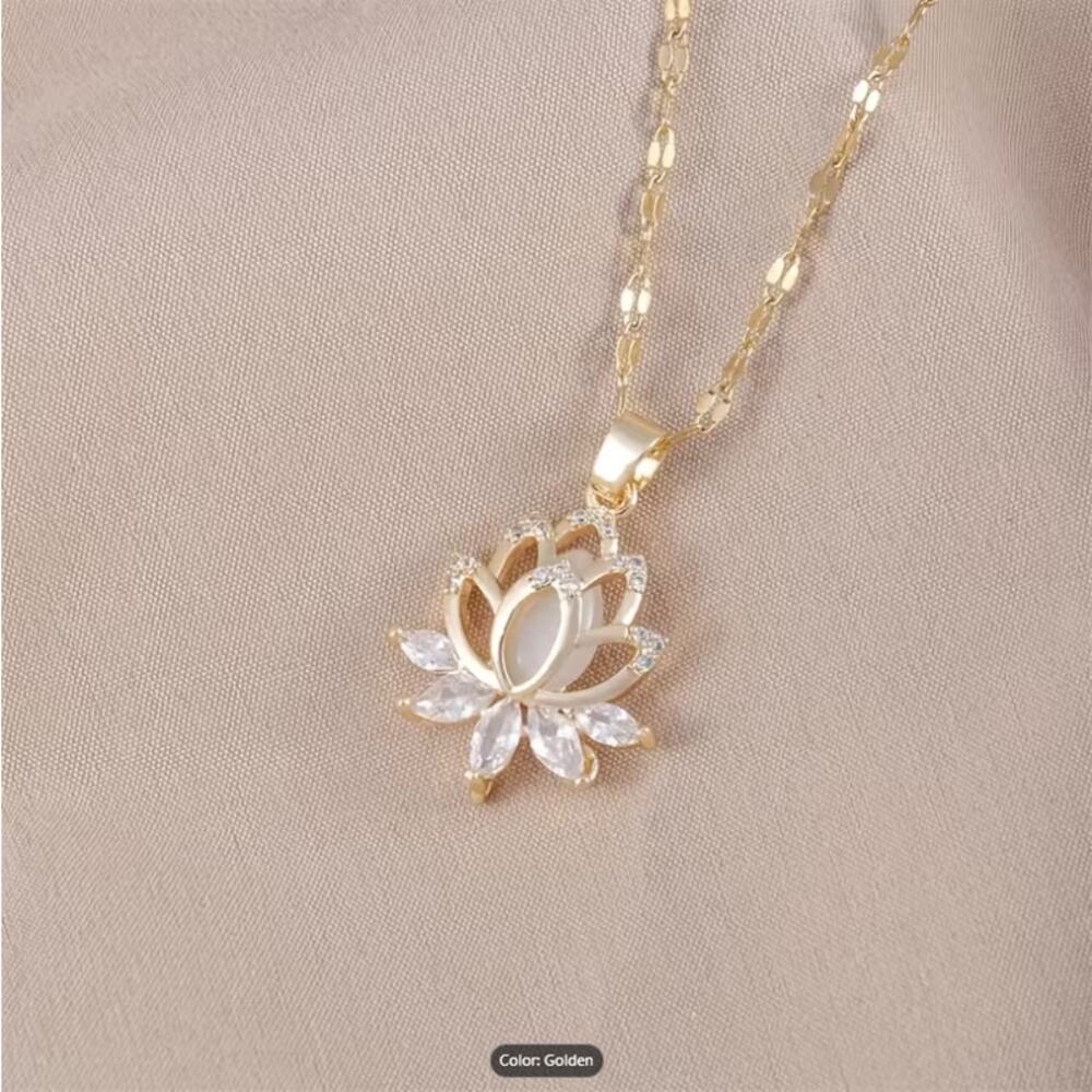 Gold Lotus Flower Pendant Necklace with Crystal Petals – Elegant Floral Jewelry